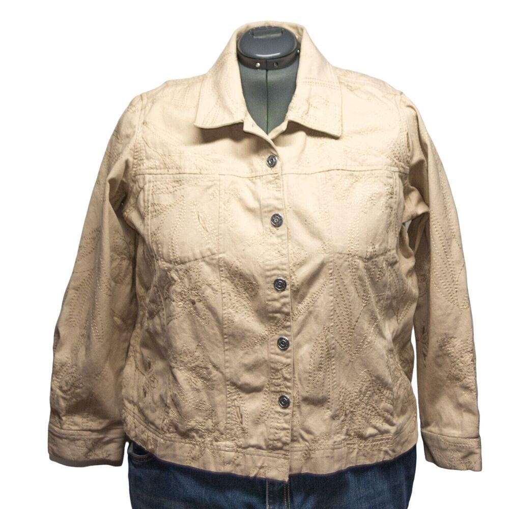 STUDIO WORKS Women's Plus Size 2X Embroidered Denim Jacket 100% Cotton Coat